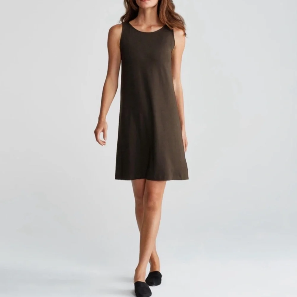 NWT! Eileen Fisher Black Ballet Neck Shift Dress Size Large Black - Picture 2 of 9